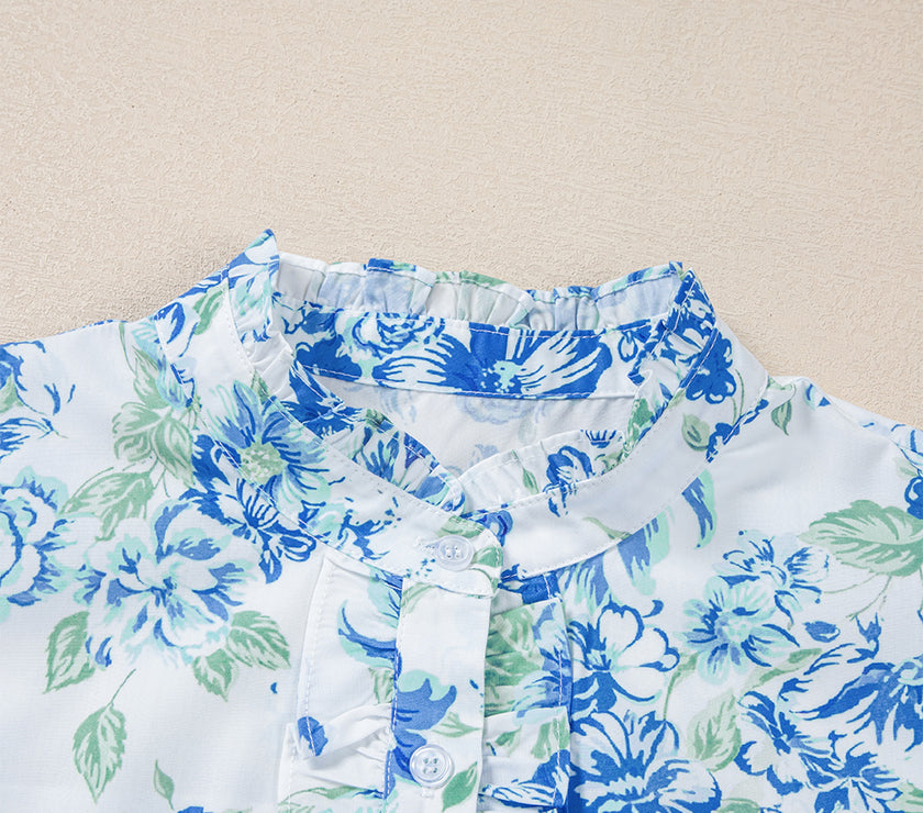 Sky Blue Floral Print Ruffle Sleeve Frilly Button Up Shirt