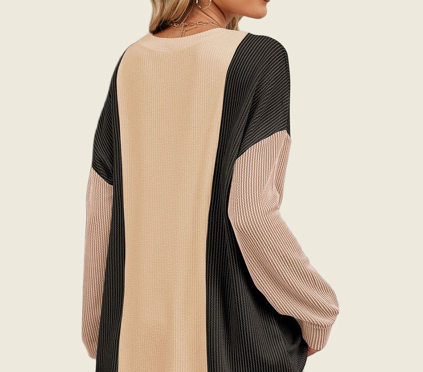 Double Take Texture Contrast Round Neck Long Sleeve T-Shirt