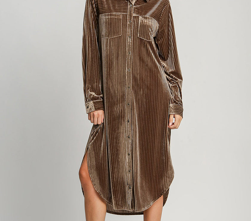 Umgee Texture Curved Hem Button Down Shirt Dress