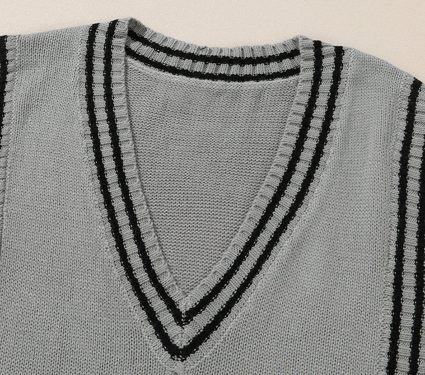 Striped Trim V-Neck Sweater Vest