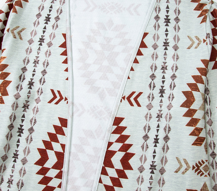 Brown Western Aztec Printed Open Front Long Cardigan