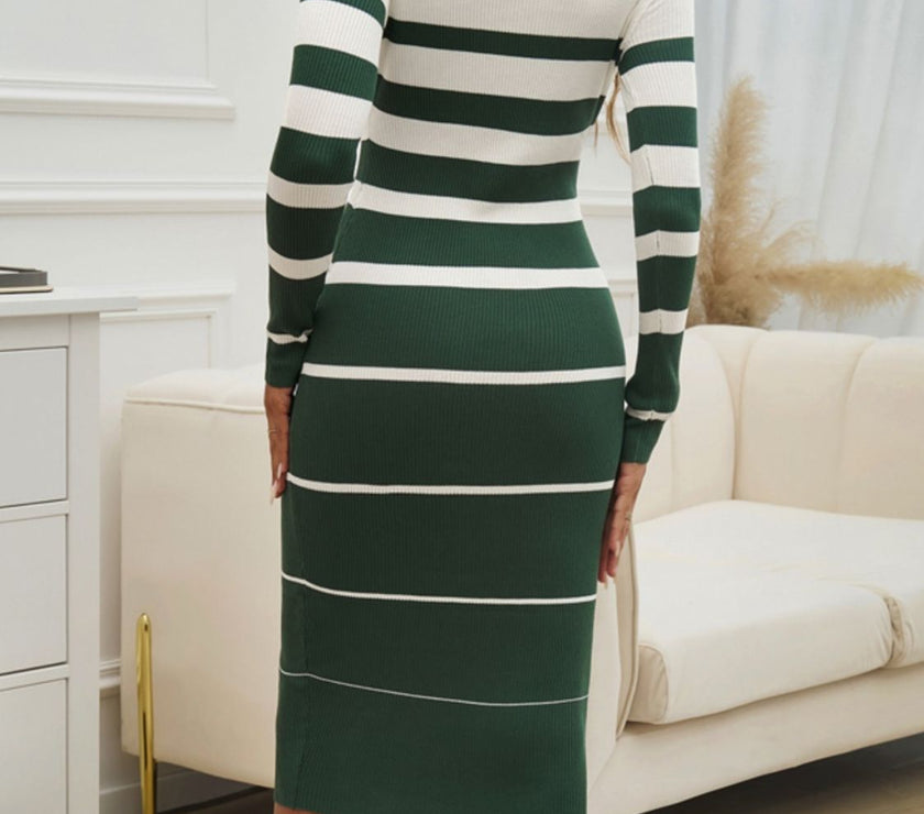 Devine Color Block Round Neck Long Sleeve Midi Dress
