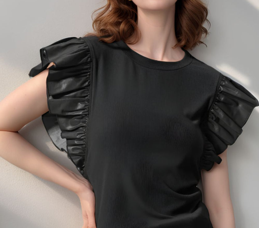Ruffled Round Neck Cap Sleeve Blouse