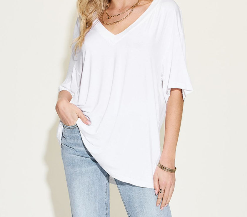 Basic Bae Full Size Bamboo V-Neck Drop Shoulder T-Shirt