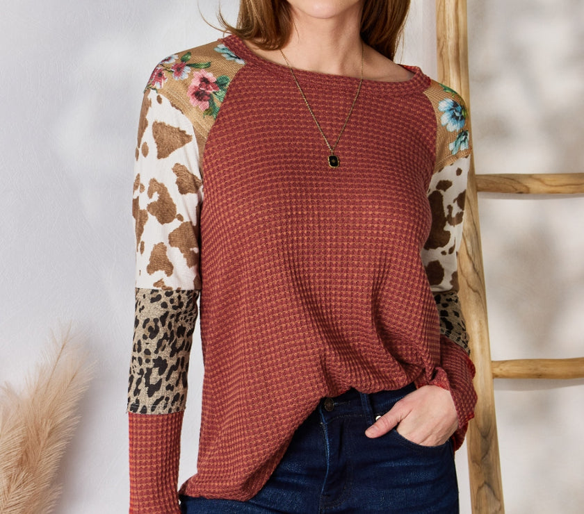 Hailey & Co Full Size Leopard Waffle-Knit Blouse