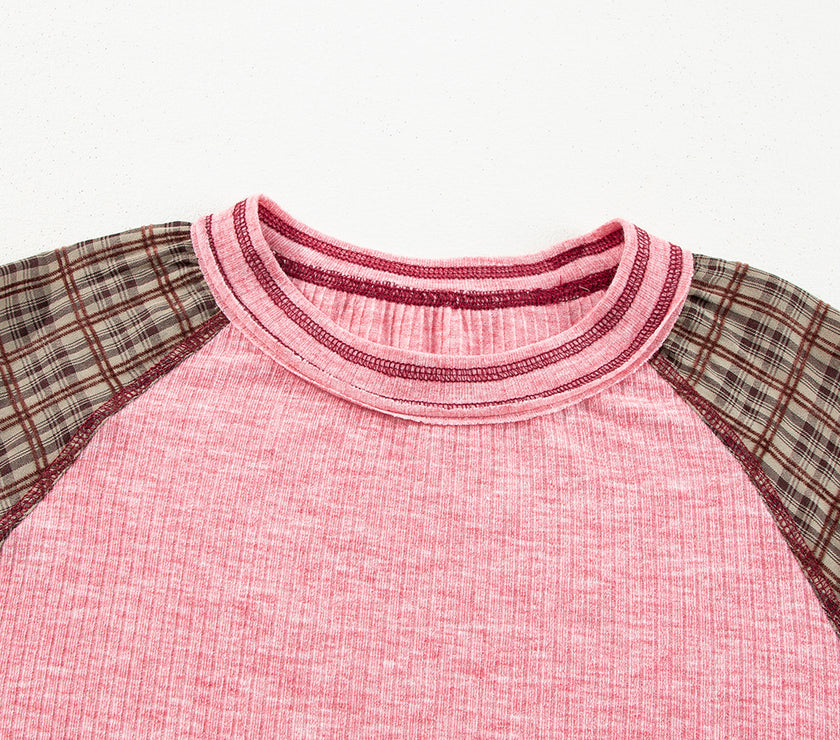 Plaid Floral Patchwork Round Neck Long Sleeve Top