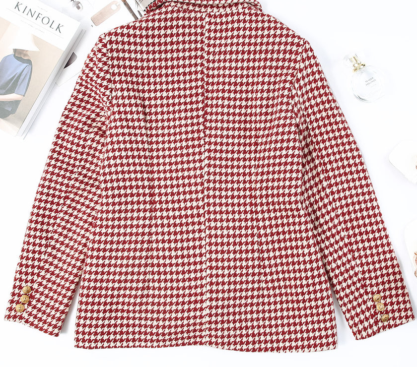 Houndstooth Collared Neck Double-Breasted Blazer