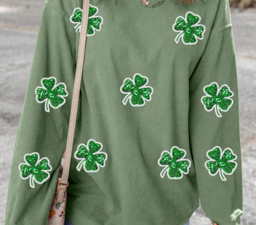 Sequin Lucky Clover Round Neck Long Sleeve Sweatshirt