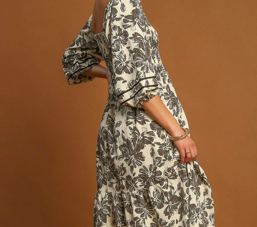 Umgee Ruffle Hem Flower Printed V-Neck Dress