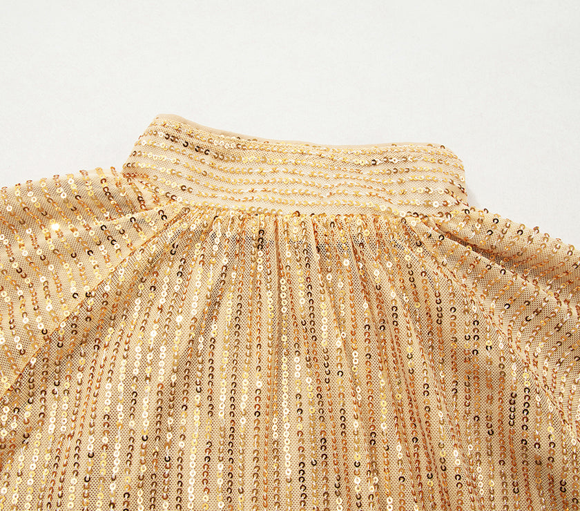 Gold Metallic Balloon Sleeve Buttoned High Neck Loose Blouse