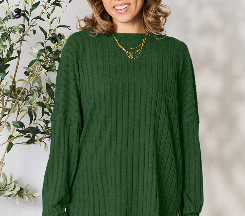 Basic Bae Full Size Ribbed Round Neck Slit Knit Top