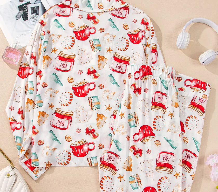 Printed Collared Neck Top and Pants Lounge Set