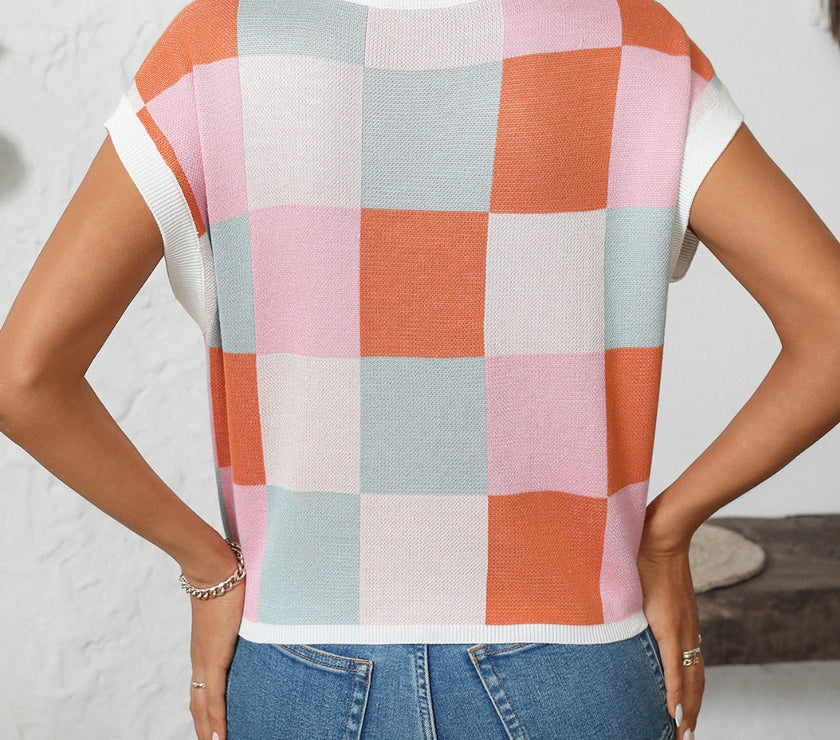 Mandy Checkered Round Neck Cap Sleeve Knit Top