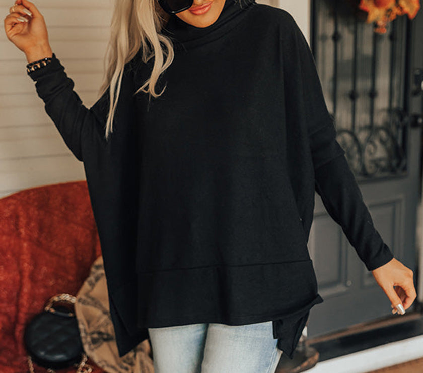 Side Slit High-Low Cowl Neck Long Sleeve Blouse