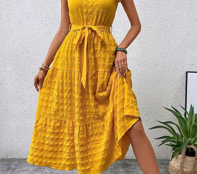 Tied Ruffled Cap Sleeve Midi Dress