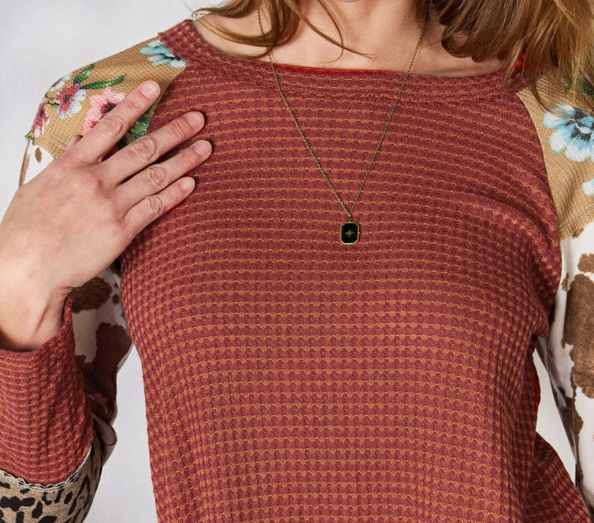 Hailey & Co Full Size Leopard Waffle-Knit Blouse