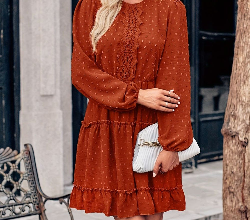 Lace Detail Swiss Dot Round Neck Mini Dress