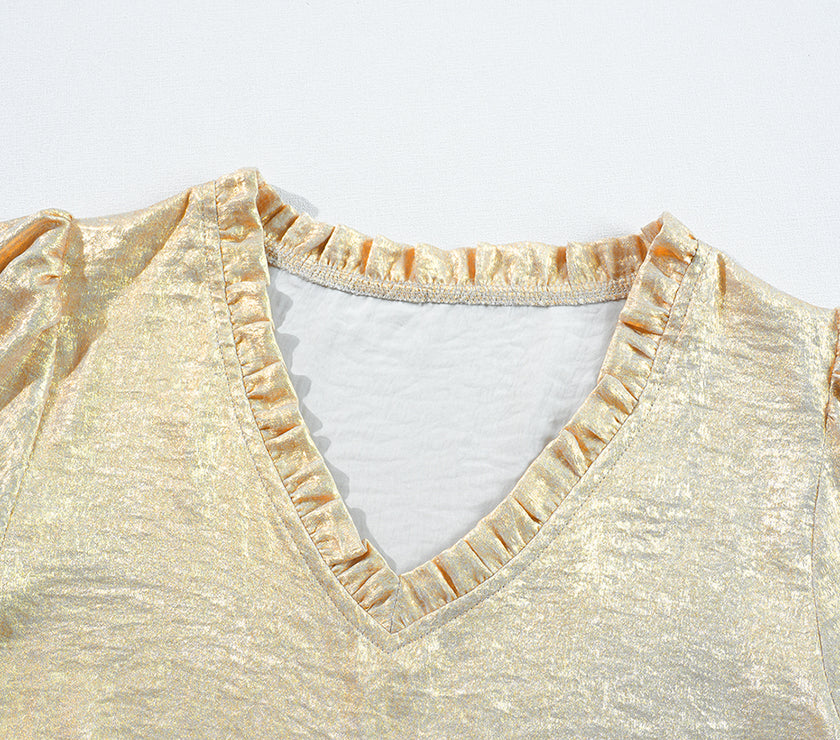 Gold Metallic Frilled V Neck Puff Sleeve Babydoll Blouse