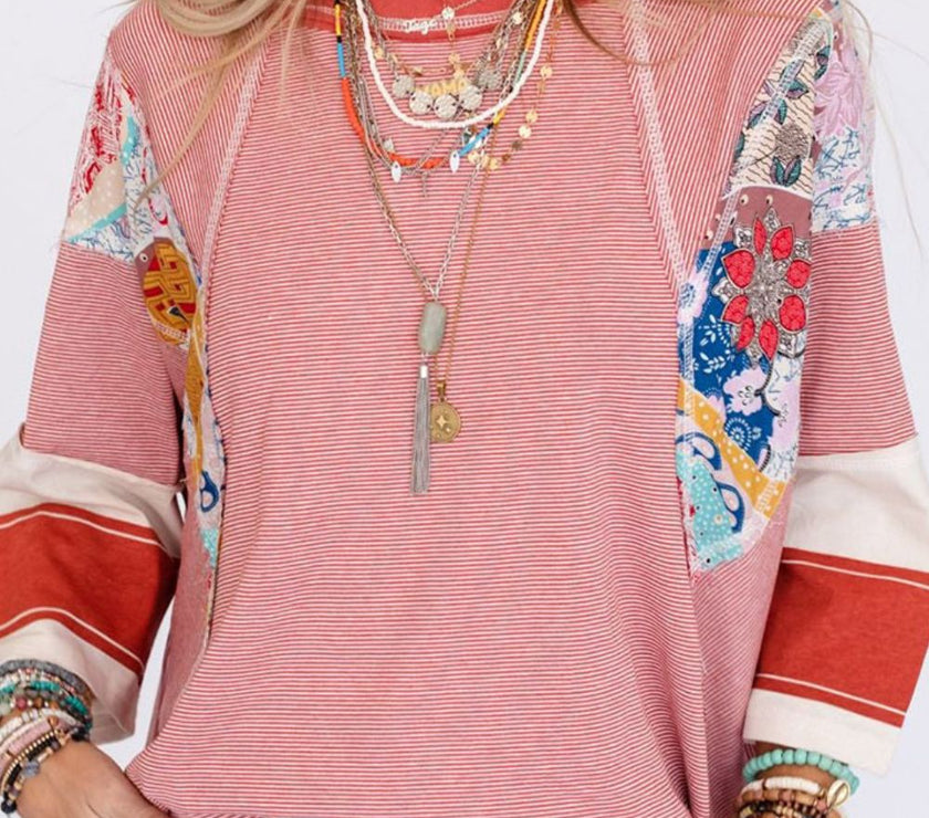 Striped Floral Patchwork Round Neck Top