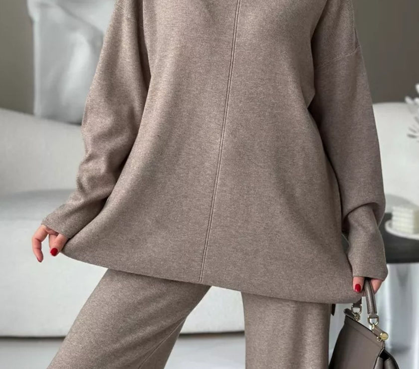 Slit Mock Neck Top and Pants Sweater Set