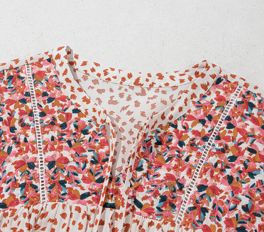 Red Printed Embroidery Detail Tie Split Neck Blouse