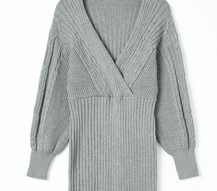 Cable-Knit Surplice Lantern Sleeve Sweater Dress