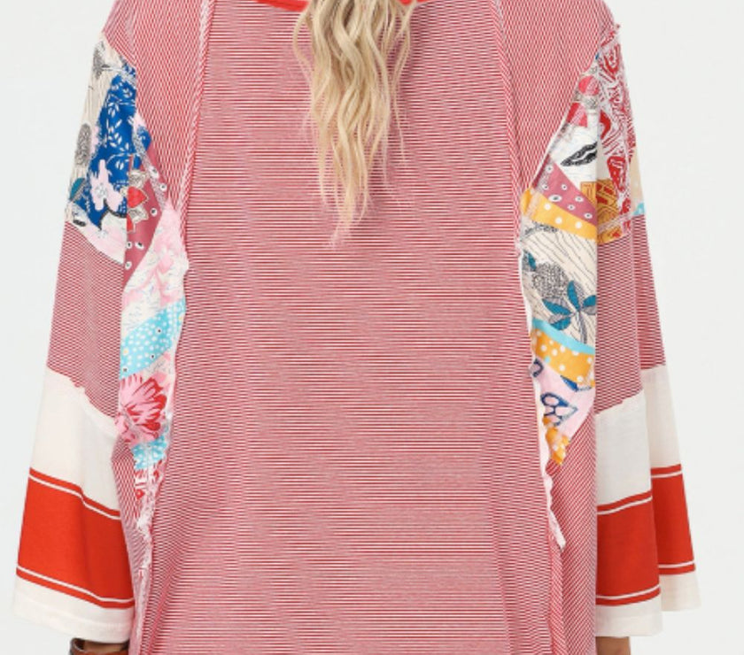 Striped Floral Patchwork Round Neck Top