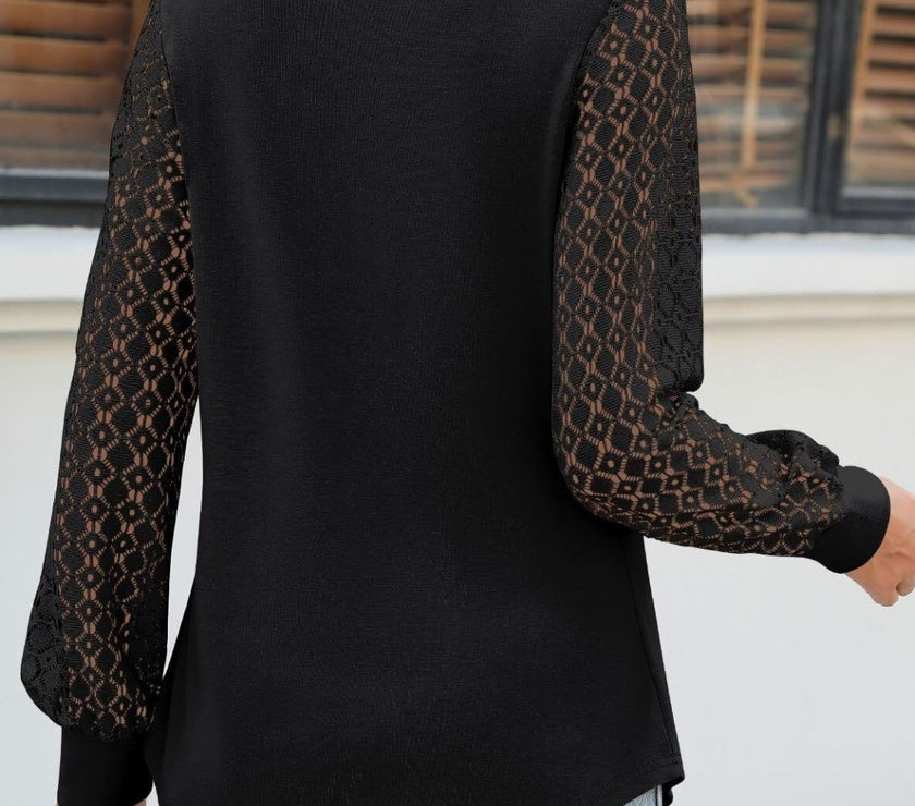Cutout Round Neck Lace Long Sleeve Blouse