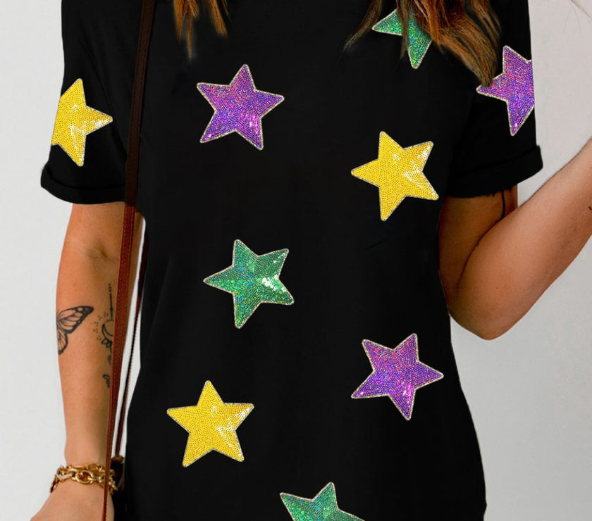 Sequin Stars Patched Round Neck T-Shirt