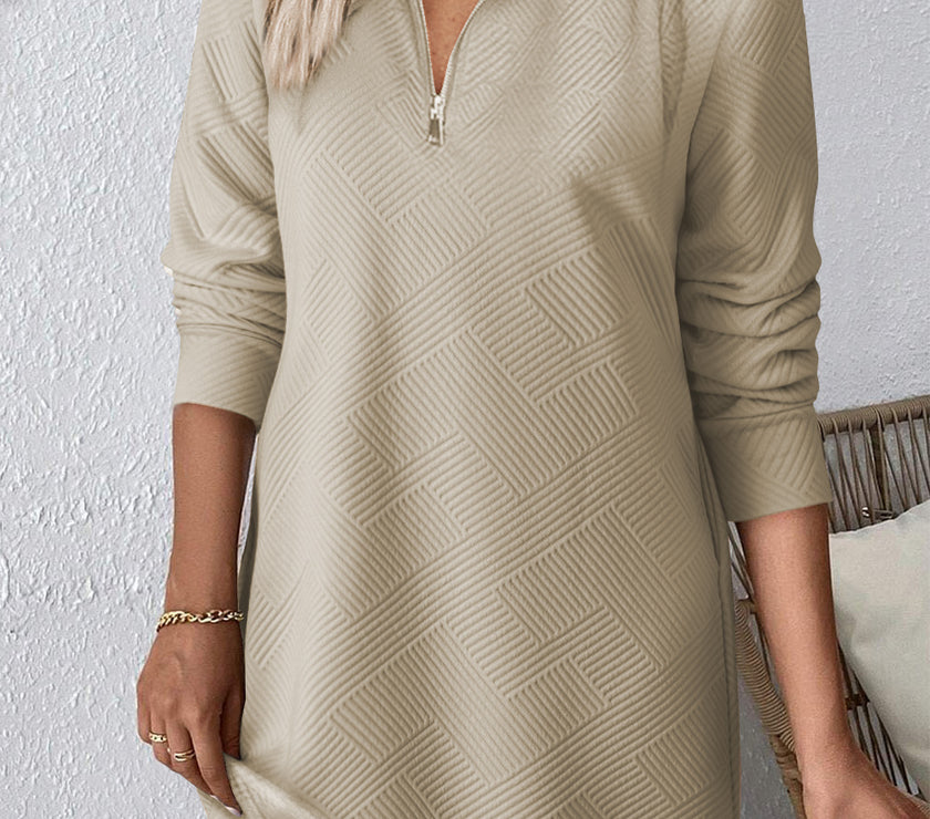 Double Take Textured Quarter Zip Long Sleeve Dress