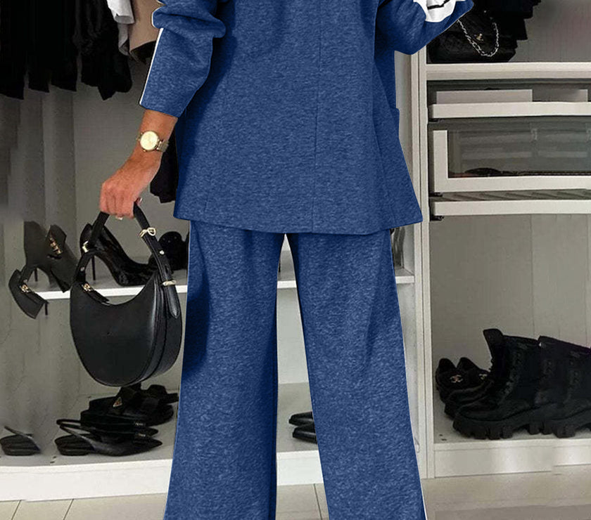 Full Size Contrast Lapel Collar Top and Pants Set