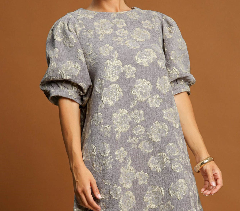 Umgee Floral Jacquard Puff Sleeve Mini Dress