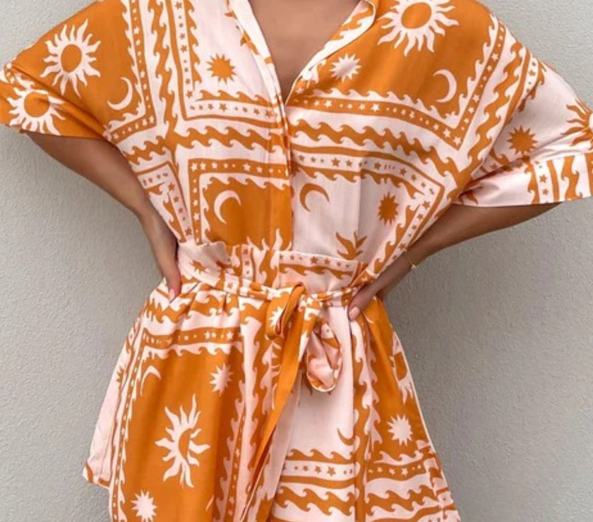 Printed Tie Waist Half Sleeve Romper