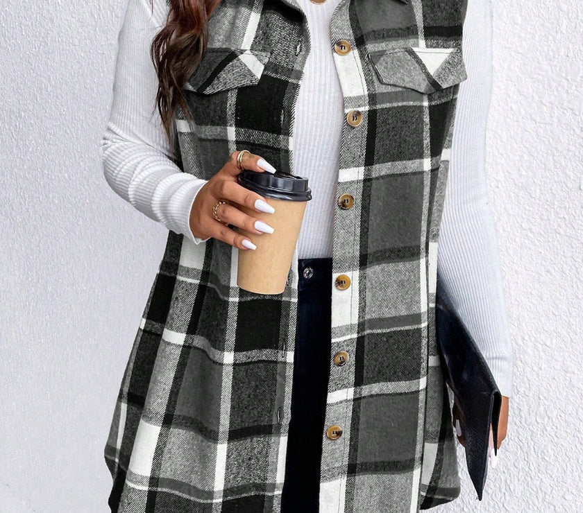 Honey Plus Size Pocketed Plaid Button Up Vest Coat