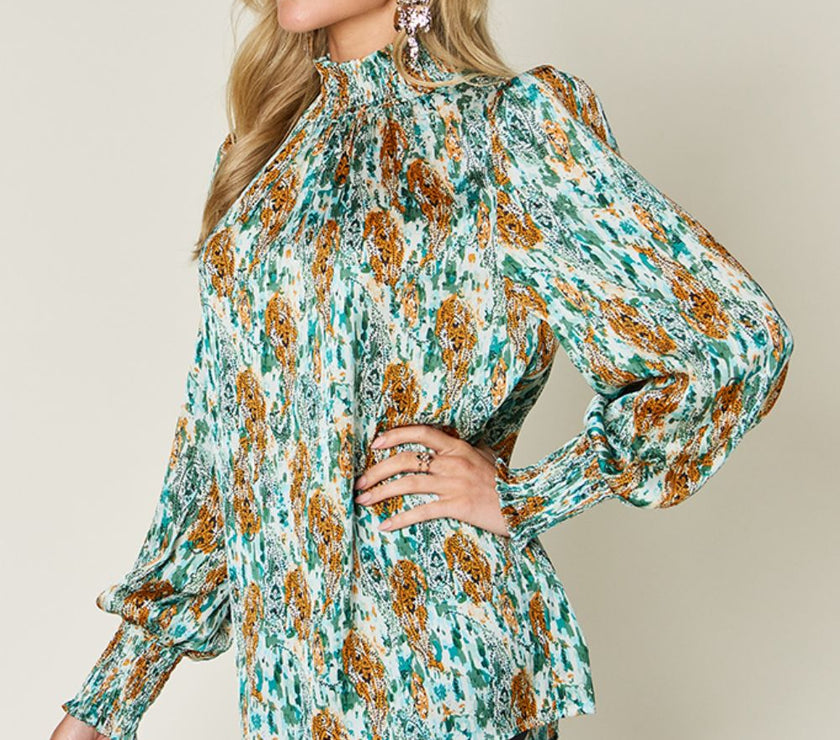 Double Take Full Size Printed Smocked Long Sleeve Blouse