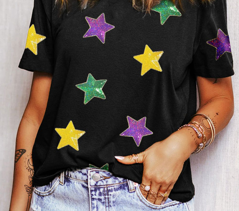 Sequin Stars Patched Round Neck T-Shirt