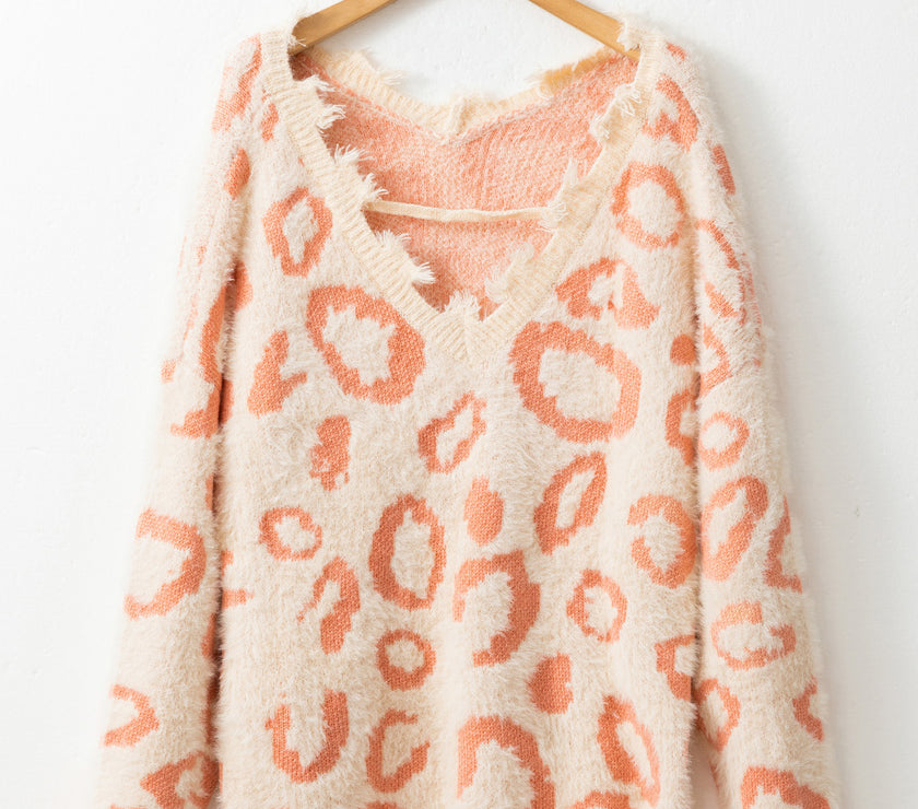 Distressed Trim Leopard V-Neck Sweater