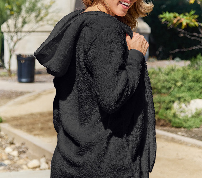 Full Size Teddy Hooded Jacket with Pockets