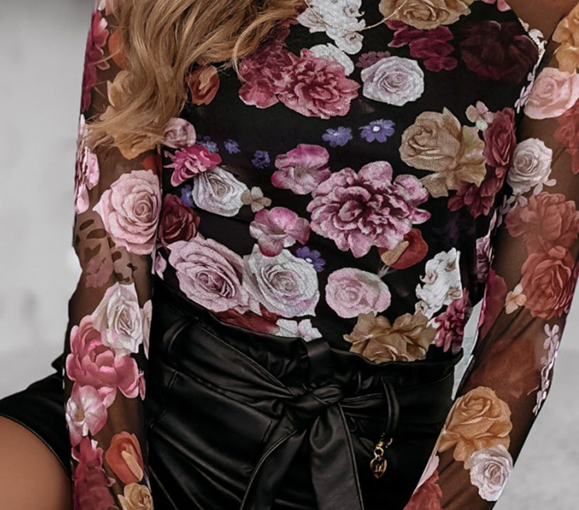 Floral Mock Neck Long Sleeve Mesh Top
