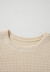 Waffle-Knit Printed Round Neck Flounce Sleeve Blouse