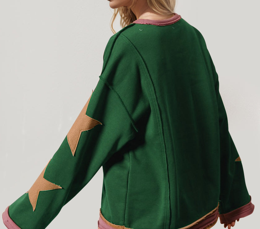 Double Take Star Patched Long Sleeve Sweatshirt