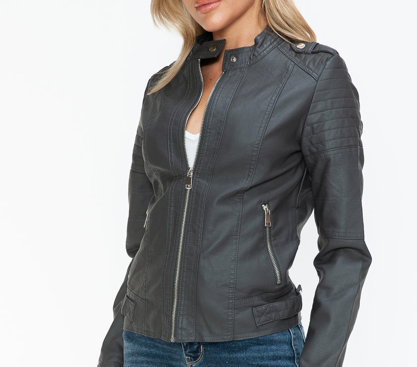 Snobbish PU Leather Biker Jacket with Side Zip Pockets