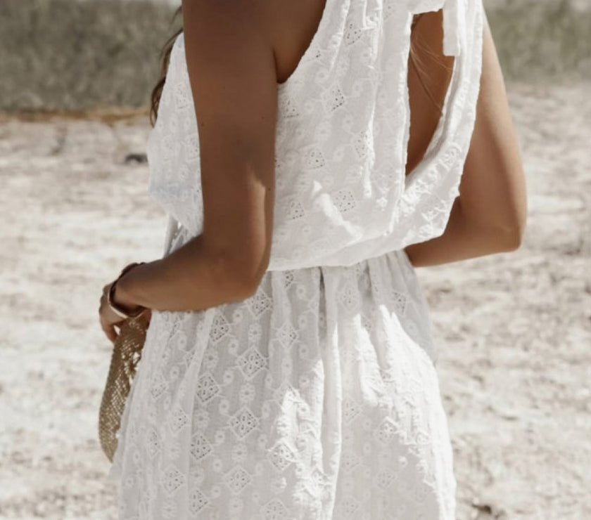 White Lace Sleeveless Knot Hollow Out Back Tied Waist Mini Dress