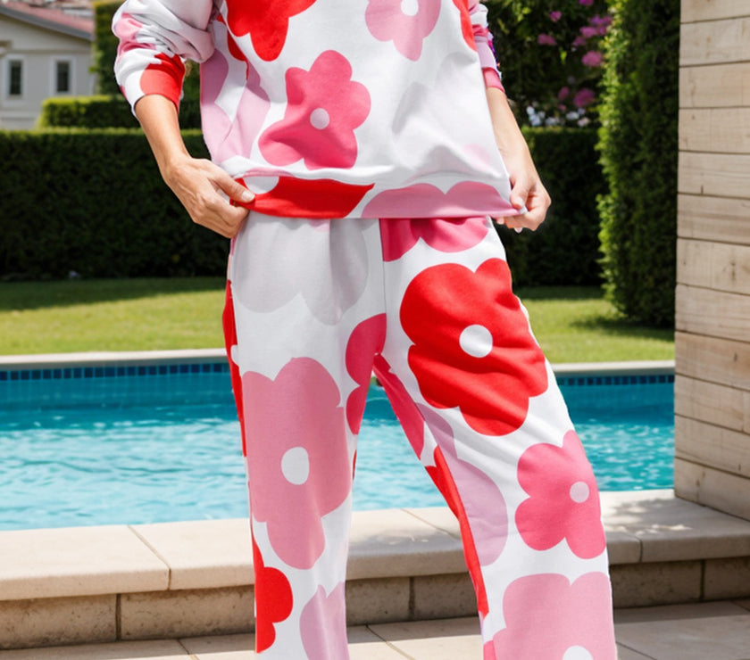Flower Round Neck Long Sleeve Top and Pants Lounge Set