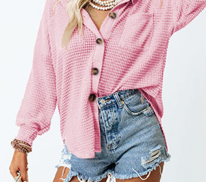 Waffle-Knit Collared Neck Long Sleeve Shirt