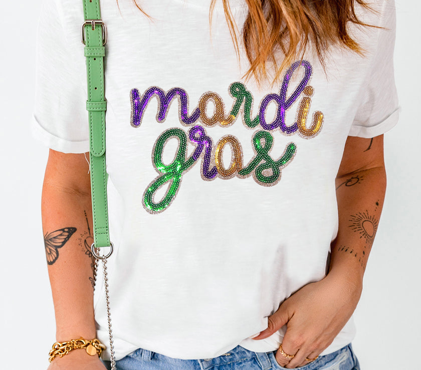 White Sequin mardi gras Graphic T Shirt
