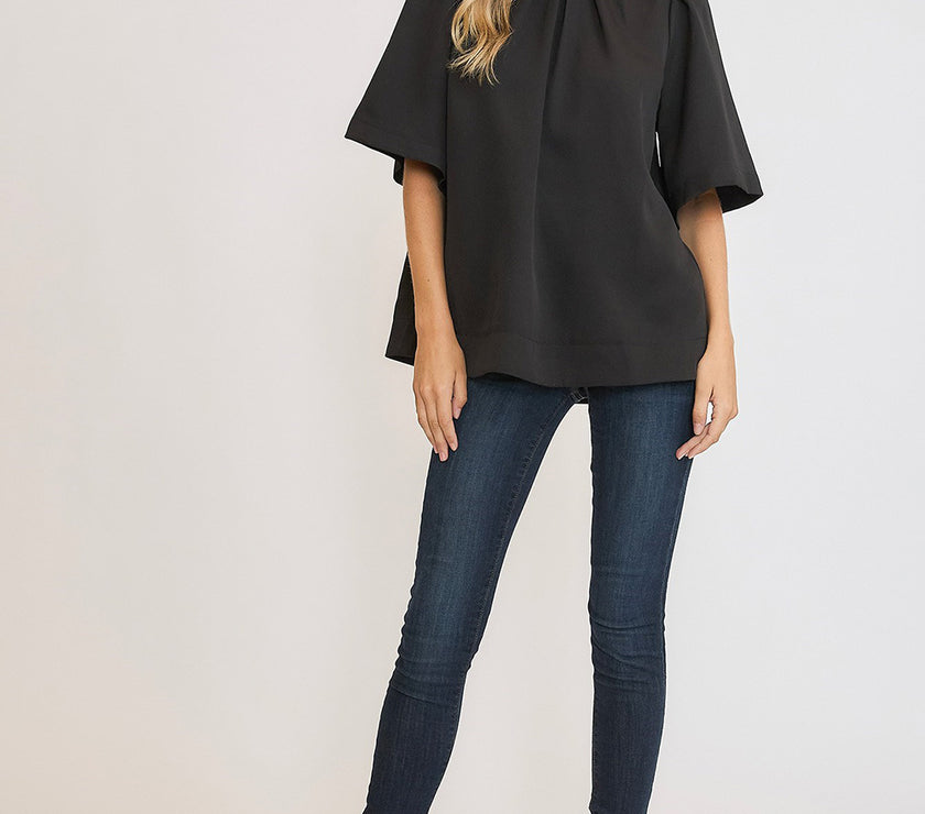 Umgee Bow Tie Back Mock Neck Half Sleeve Blouse