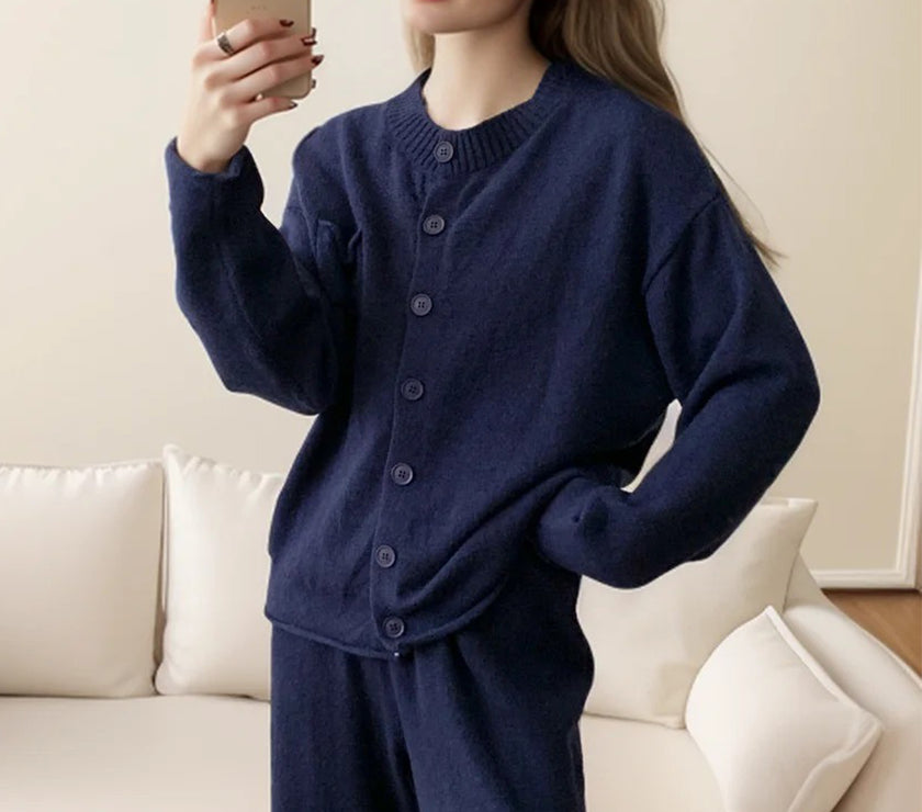 Pocketed Round Neck Button Up Cardigan and Pants Sweater Set