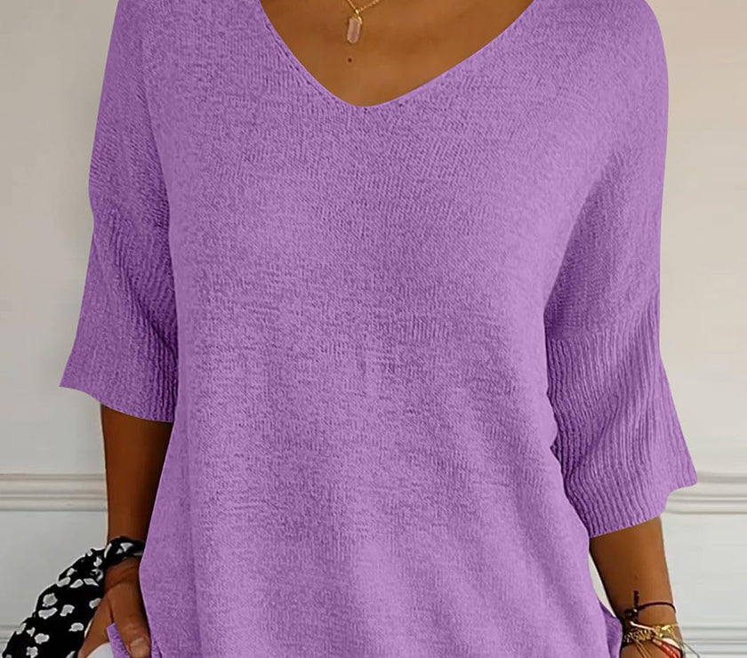 V-Neck Three-Quarter Sleeve Knit Top