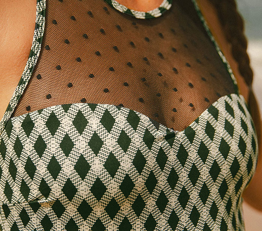Green Dotted Mesh Plaid Patchwork High Waisted Bikini